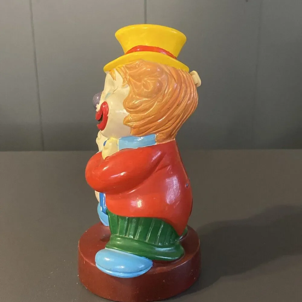 Vintage Clown Plastic Coin Piggy Bank Made in Taiwan 7” Tall Colorful Smiling